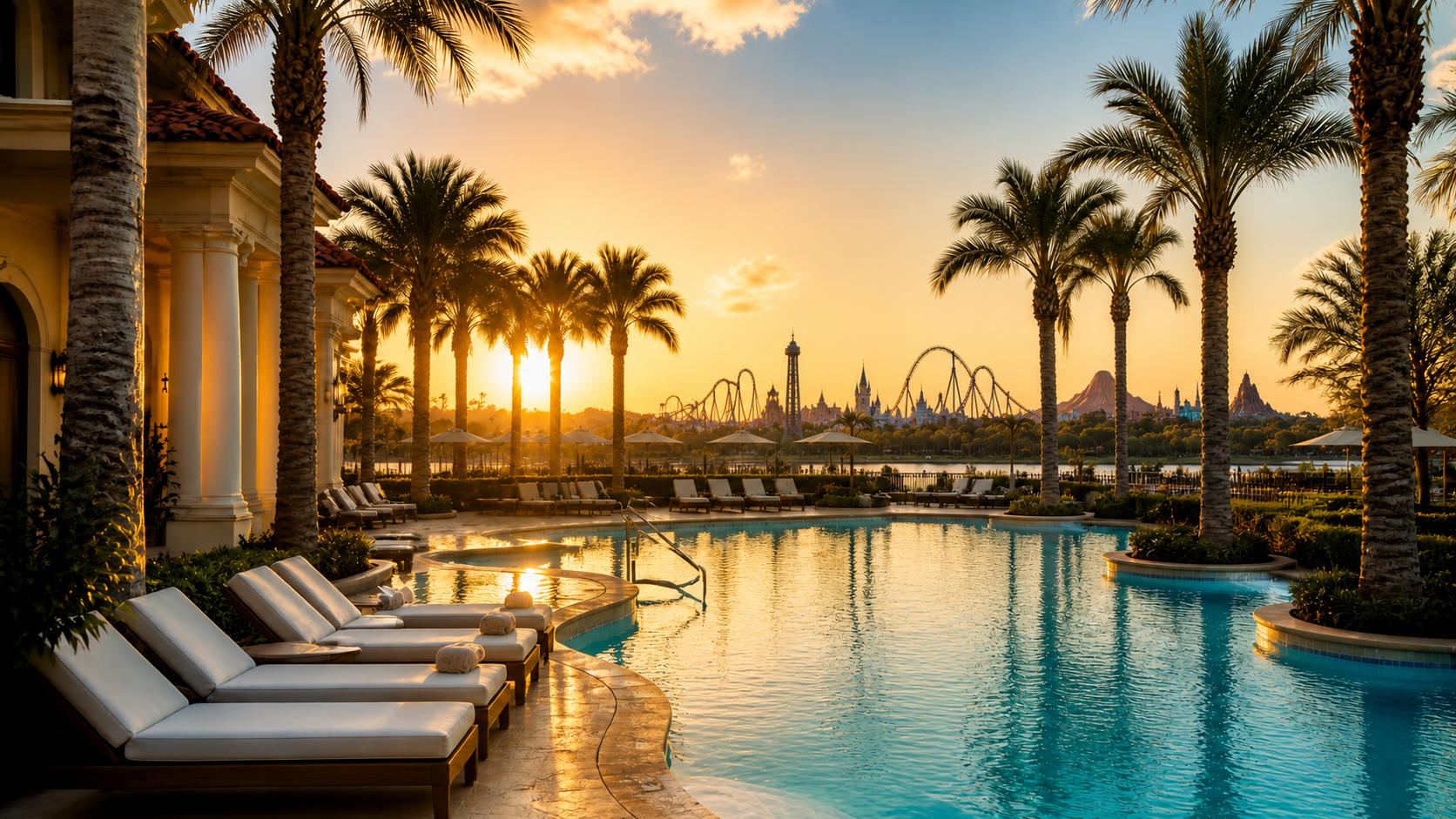 Resort pool with palm trees at sunset near the Orlando theme parks